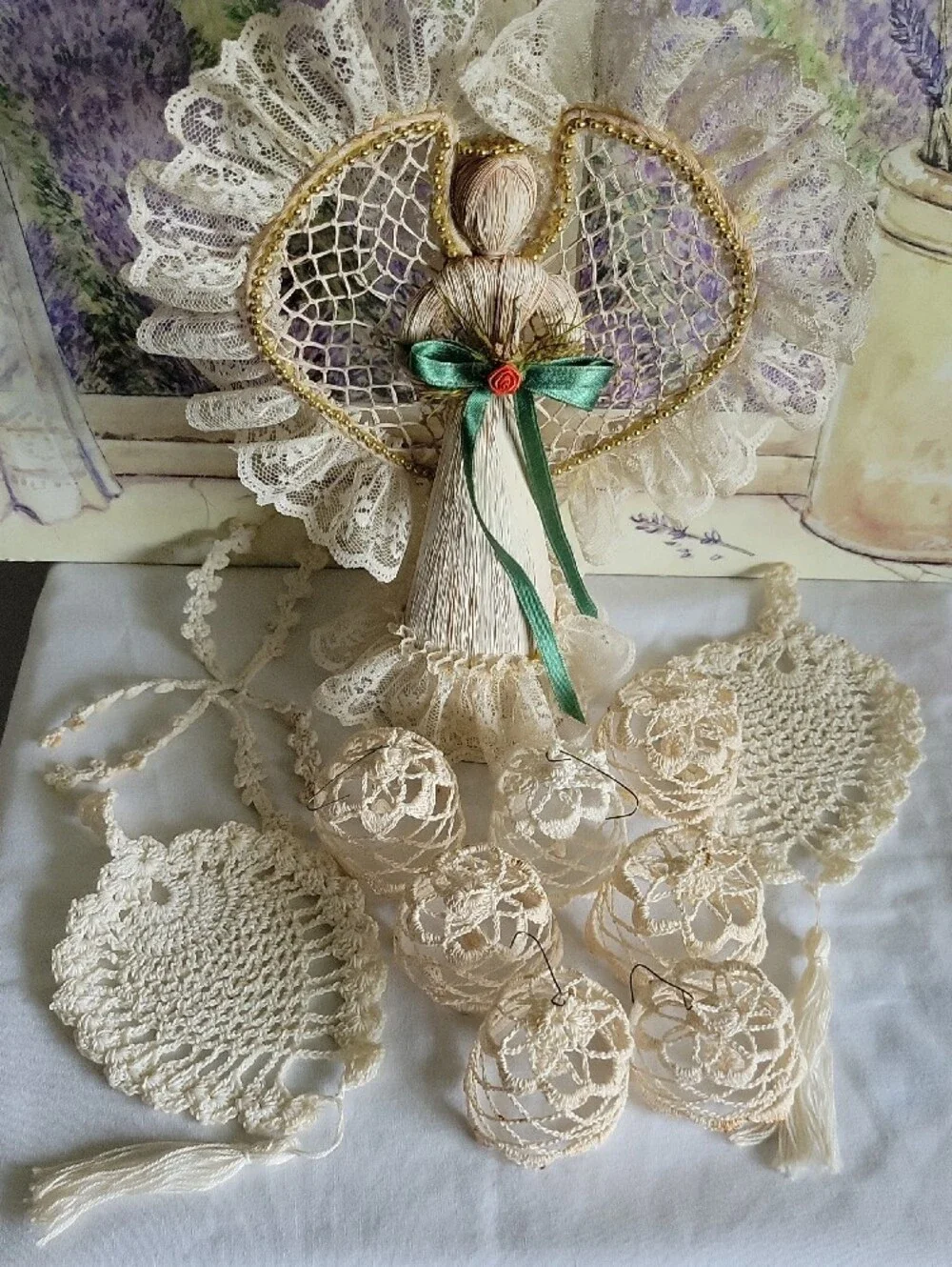 Handmade Corn Husk Angel Figurine & Crochet Lace Ornaments Doilies Lot